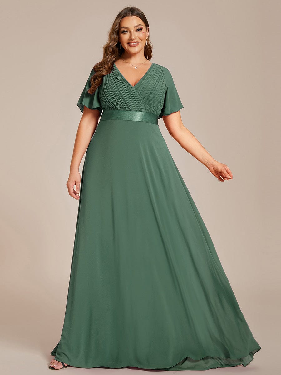 Plus Size Long Empire Waist Evening Dress With Short Flutter Sleeves #color_Eucalyptus