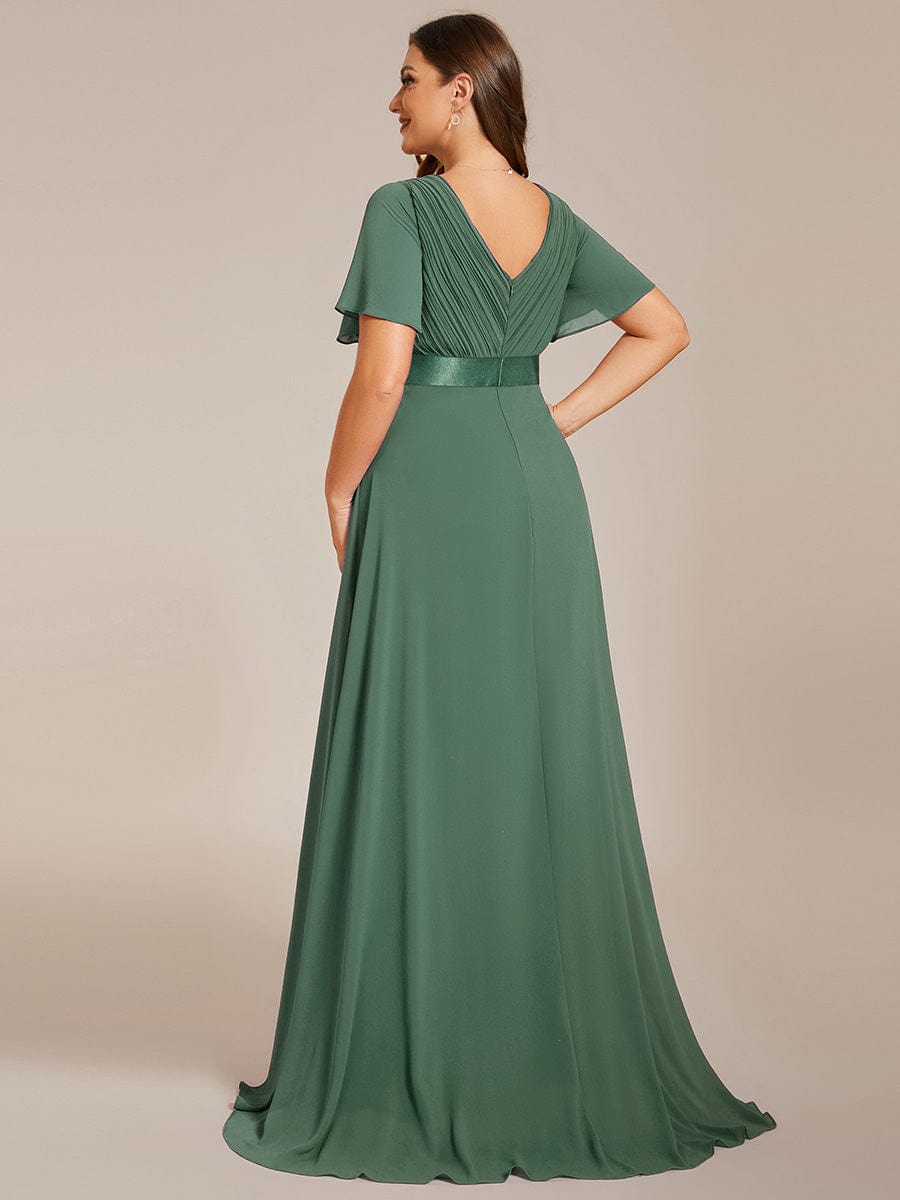 Plus Size Long Empire Waist Evening Dress With Short Flutter Sleeves #color_Eucalyptus