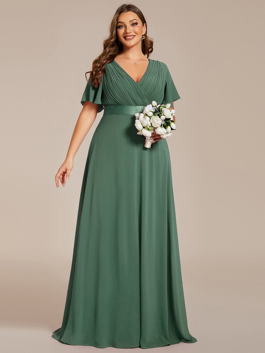 Plus Size Long Empire Waist Evening Dress With Short Flutter Sleeves #color_Eucalyptus