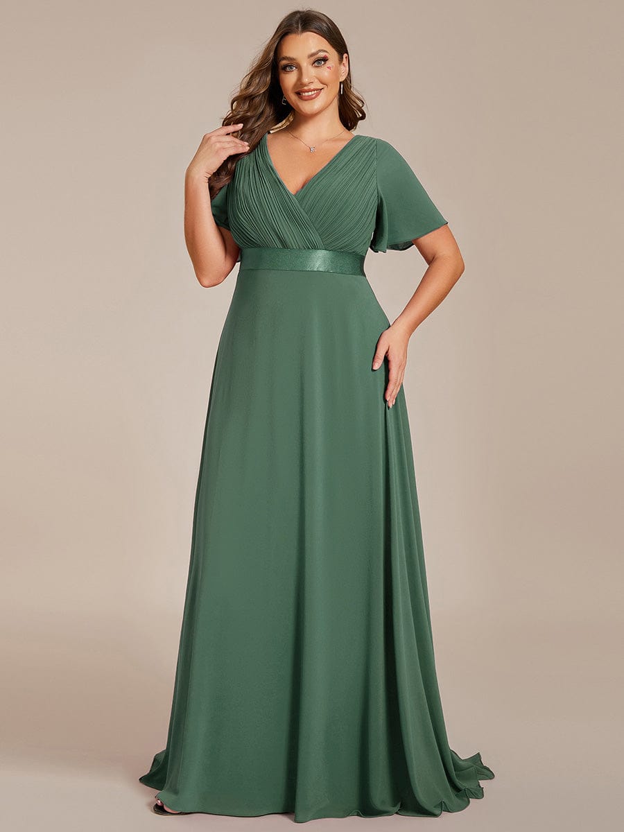 Plus Size Long Empire Waist Evening Dress With Short Flutter Sleeves #color_Eucalyptus