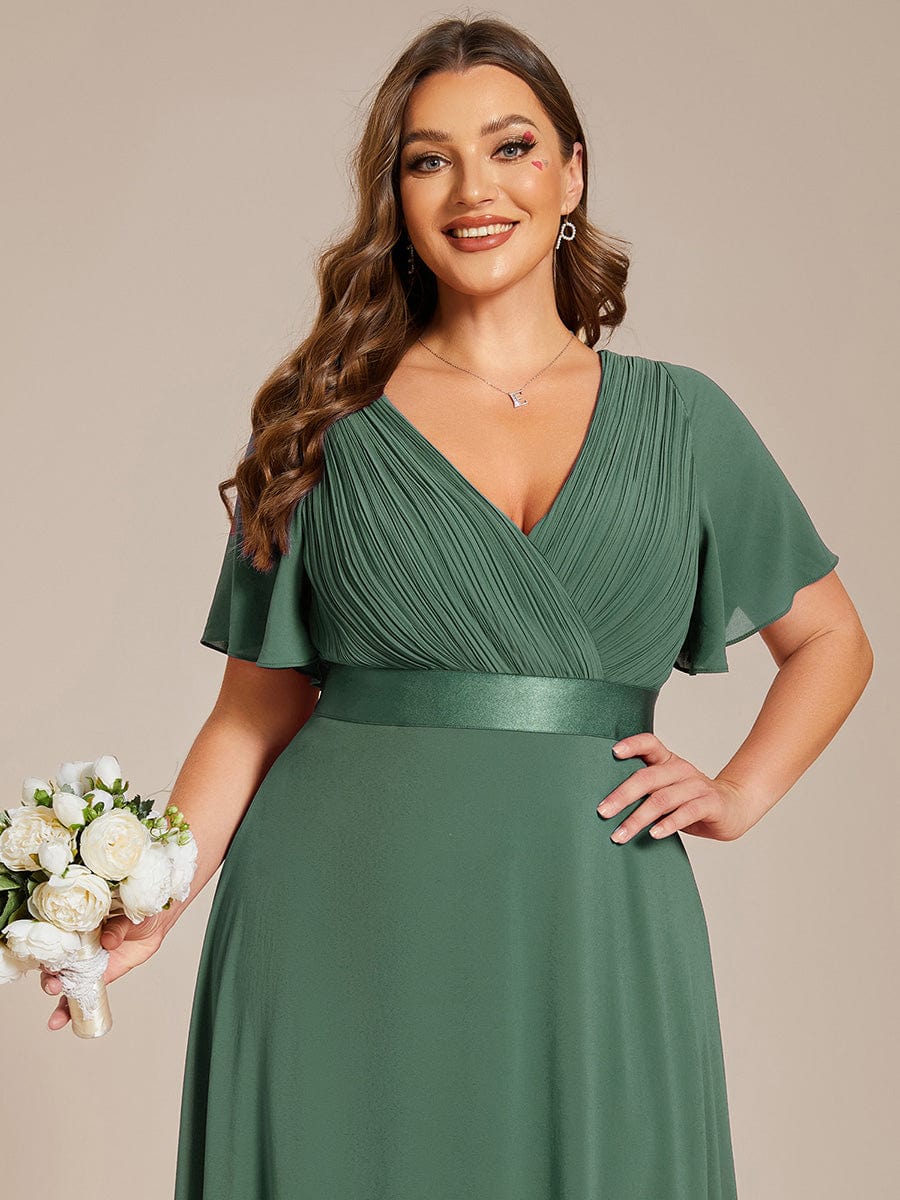 Plus Size Long Empire Waist Evening Dress With Short Flutter Sleeves #color_Eucalyptus
