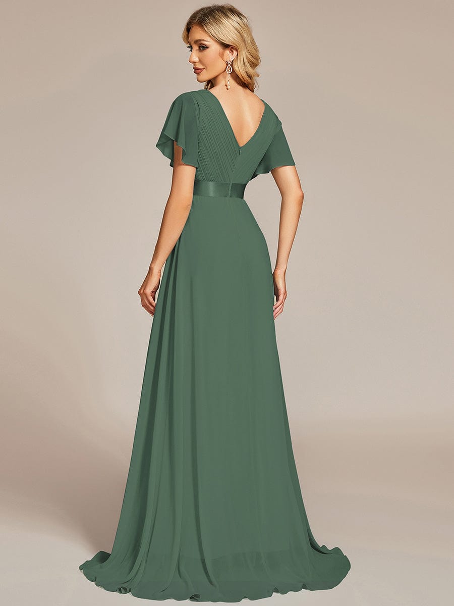 Long Empire Waist Evening Dress with Short Flutter Sleeves #color_Eucalyptus