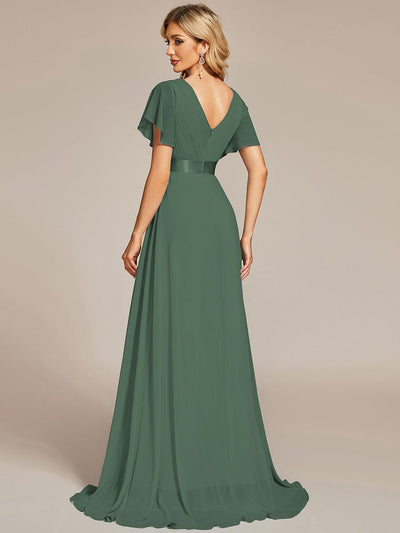 Long Empire Waist Evening Dress with Short Flutter Sleeves #color_Eucalyptus