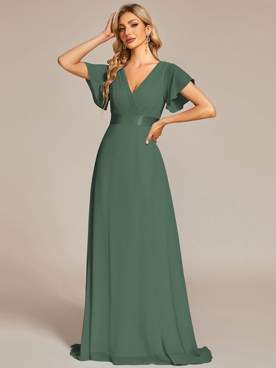 Long Empire Waist Evening Dress with Short Flutter Sleeves #color_Eucalyptus