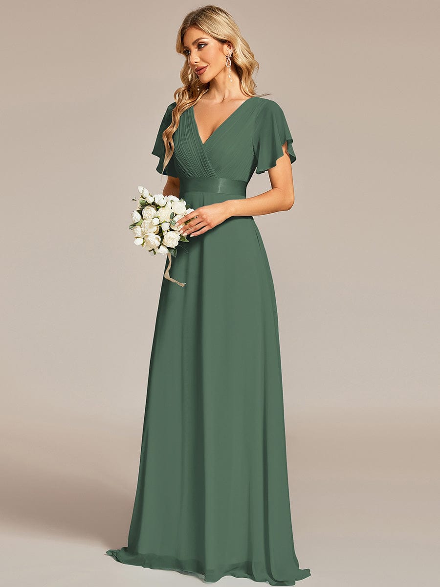 Long Empire Waist Evening Dress with Short Flutter Sleeves #color_Eucalyptus