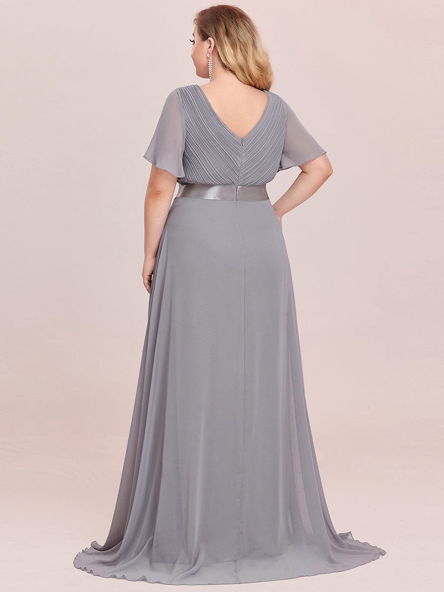 Plus Size Long Empire Waist Evening Dress With Short Flutter Sleeves #color_Grey