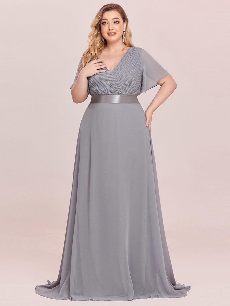 Plus Size Long Empire Waist Evening Dress With Short Flutter Sleeves #color_Grey