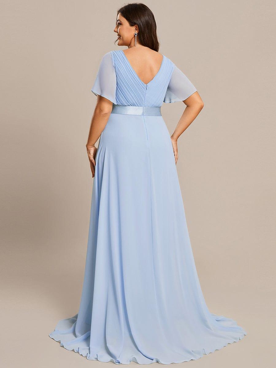 Plus Size Long Empire Waist Evening Dress With Short Flutter Sleeves #color_Ice Blue