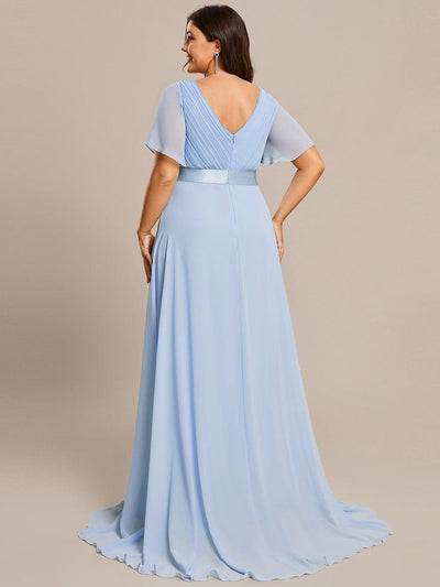 Plus Size Long Empire Waist Evening Dress With Short Flutter Sleeves #color_Ice Blue