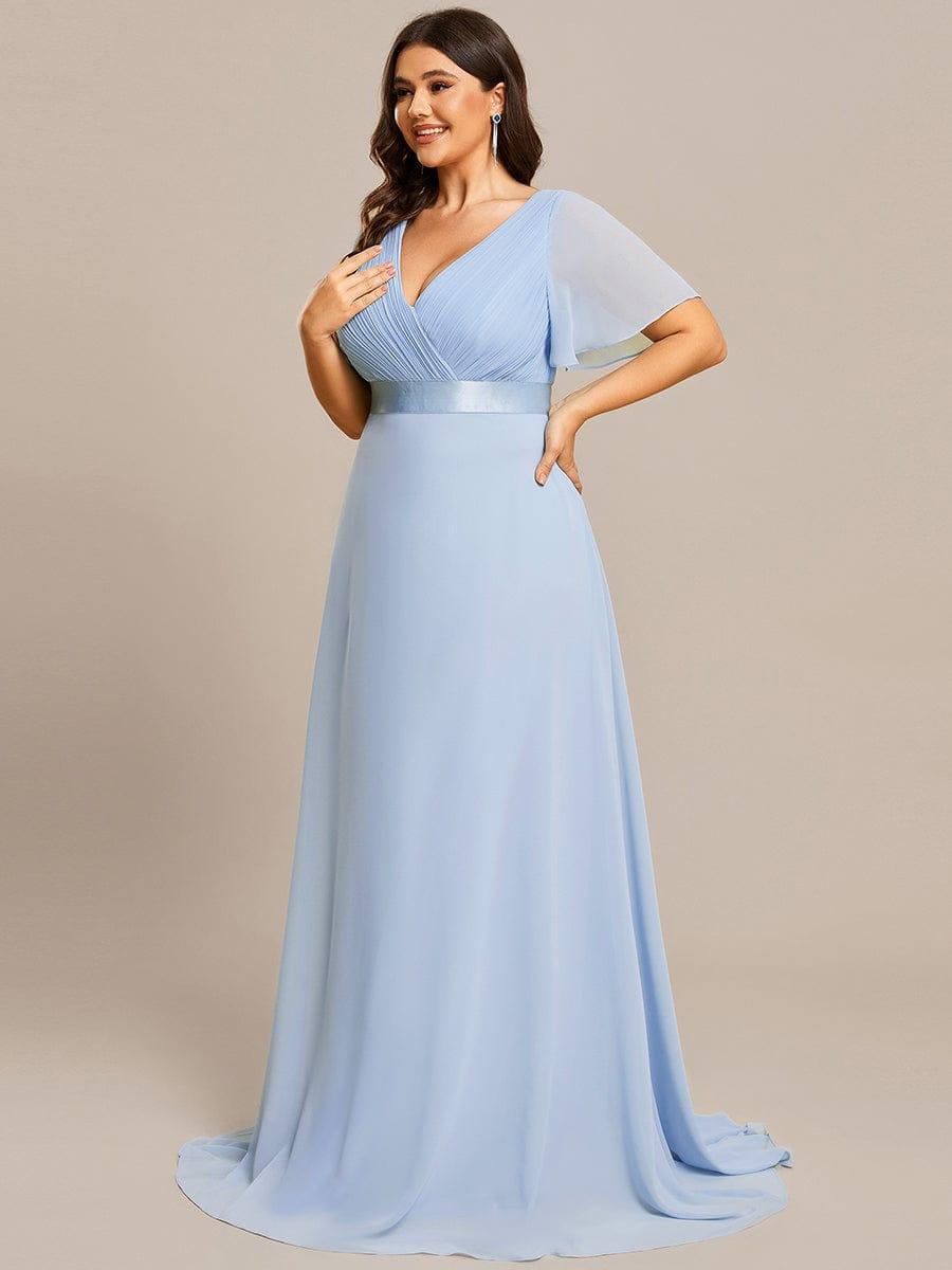 Plus Size Long Empire Waist Evening Dress With Short Flutter Sleeves #color_Ice Blue