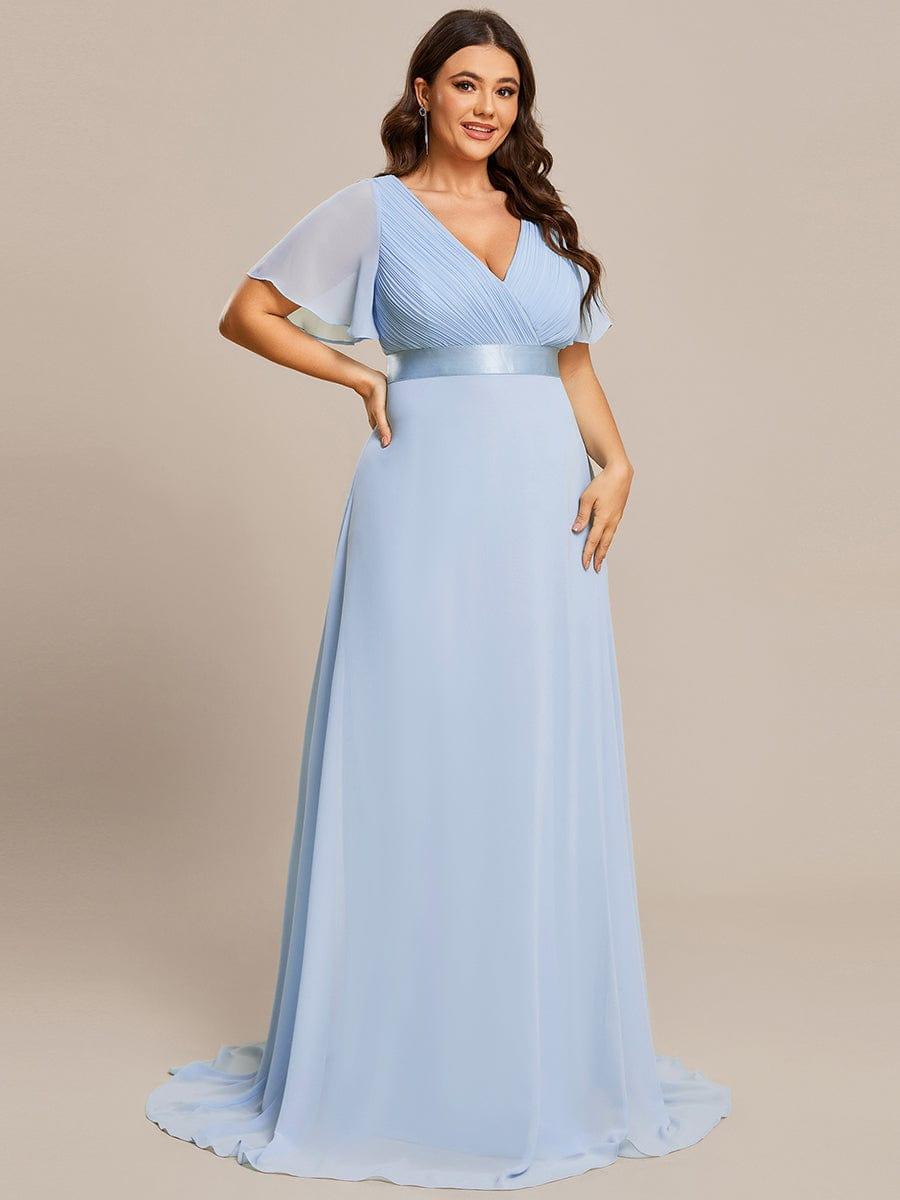 Plus Size Long Empire Waist Evening Dress With Short Flutter Sleeves #color_Ice Blue