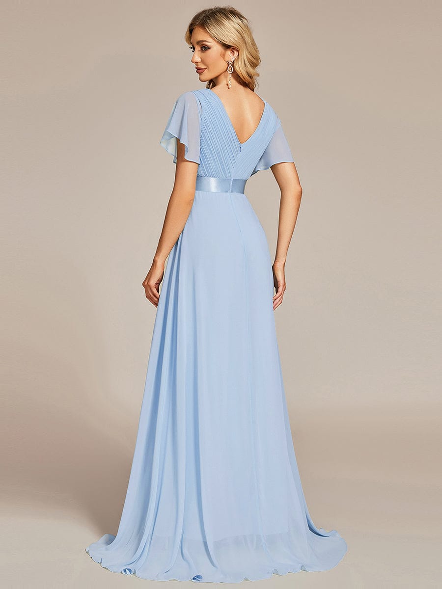 Long Empire Waist Evening Dress with Short Flutter Sleeves #color_Ice Blue