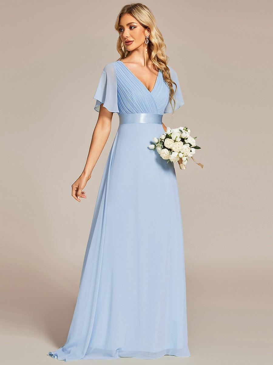 Long Chiffon Empire Waist Bridesmaid Dress with Short Flutter Sleeves #color_Ice Blue