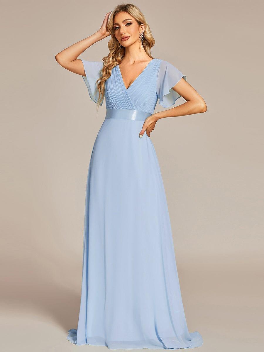 Long Chiffon Empire Waist Bridesmaid Dress with Short Flutter Sleeves #color_Ice Blue