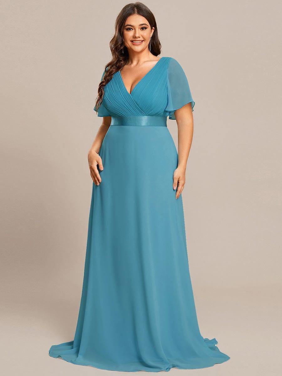 Plus Size Long Empire Waist Evening Dress With Short Flutter Sleeves #color_Jade Blue