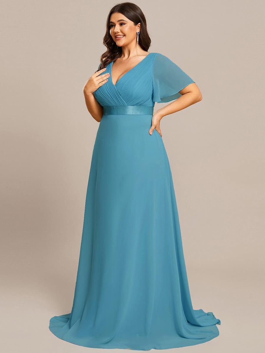 Plus Size Long Empire Waist Evening Dress With Short Flutter Sleeves #color_Jade Blue