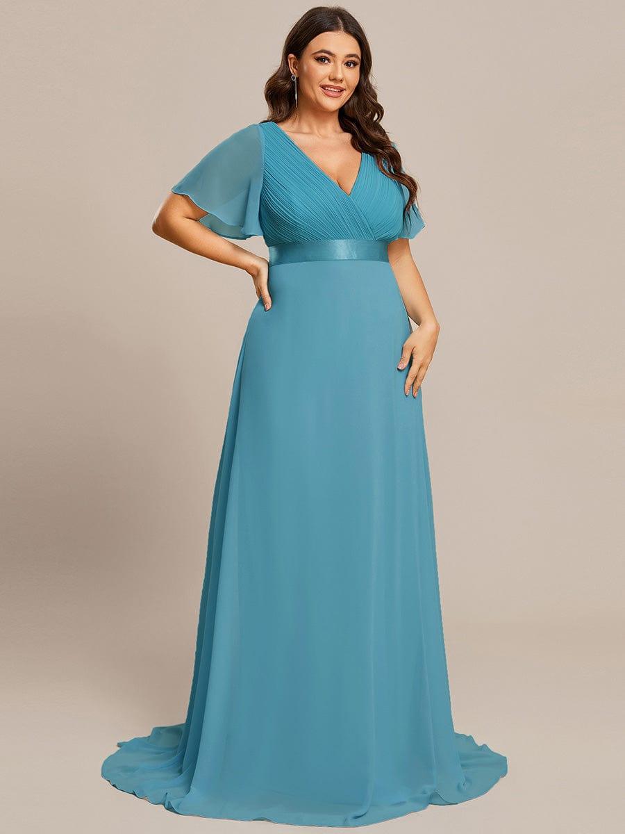 Long Empire Waist Evening Dress with Short Flutter Sleeves #color_Jade Blue