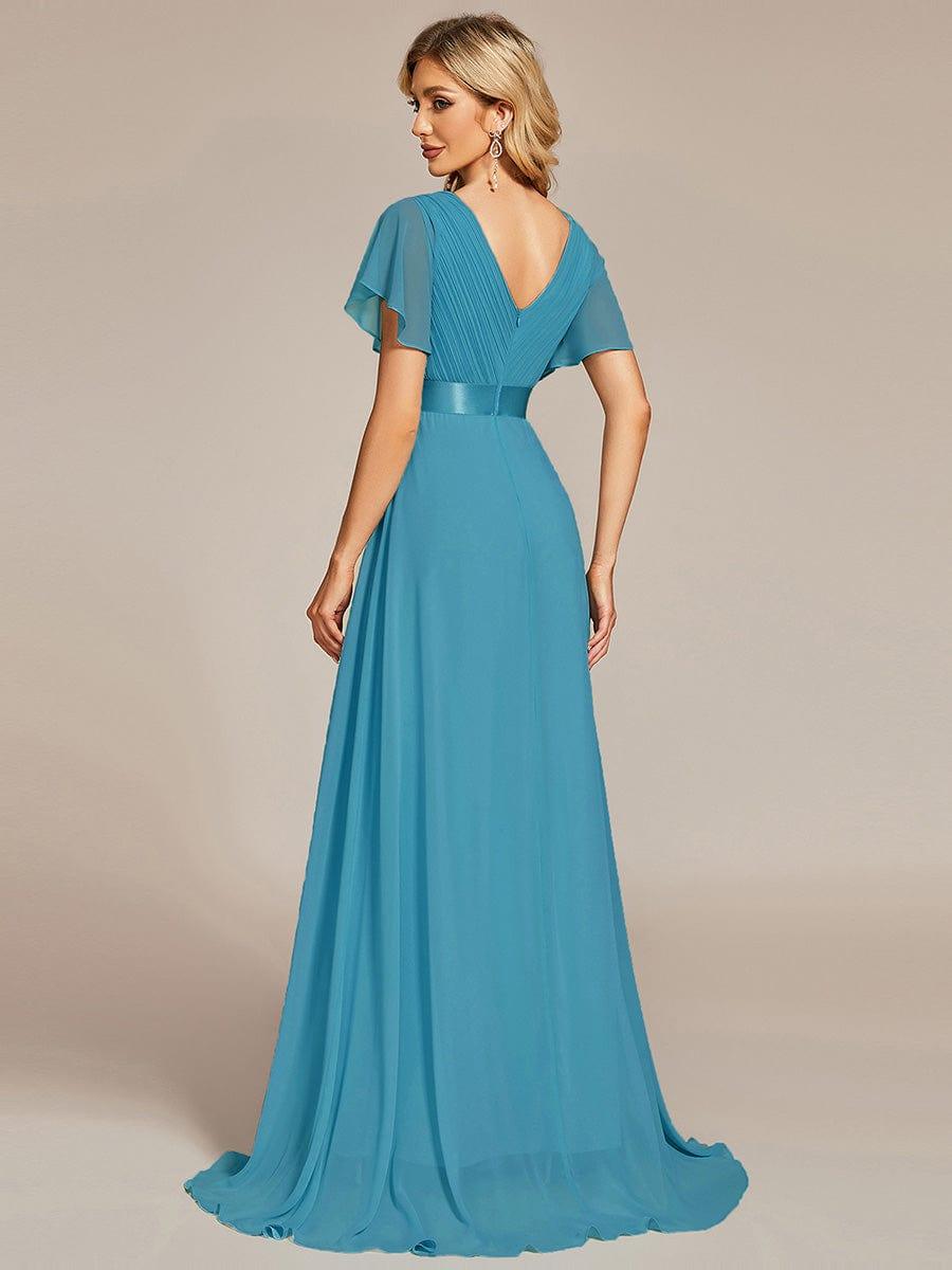Long Chiffon Empire Waist Bridesmaid Dress with Short Flutter Sleeves #color_Jade Blue