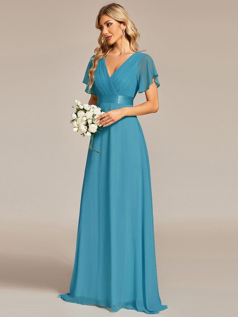 Long Chiffon Empire Waist Bridesmaid Dress with Short Flutter Sleeves #color_Jade Blue