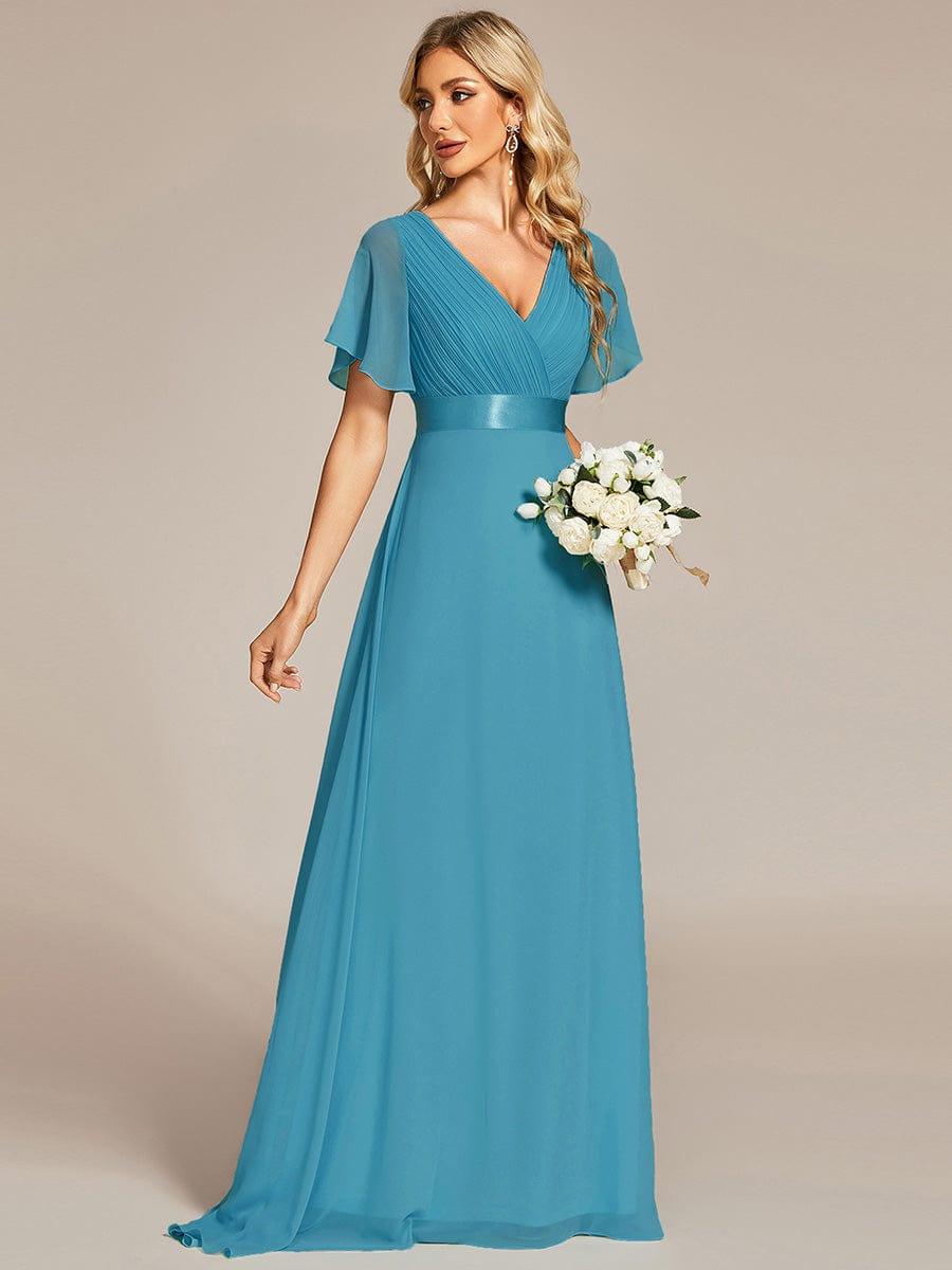 Long Chiffon Empire Waist Bridesmaid Dress with Short Flutter Sleeves #color_Jade Blue