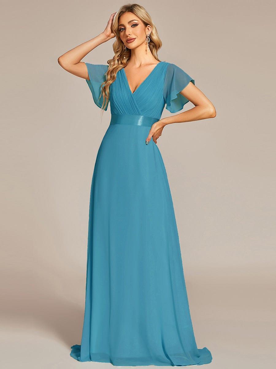 Long Chiffon Empire Waist Bridesmaid Dress with Short Flutter Sleeves #color_Jade Blue