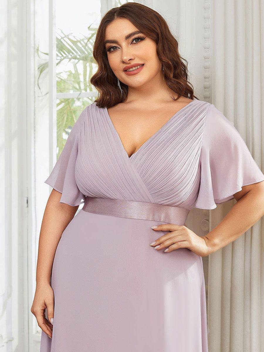 Plus Size Long Empire Waist Evening Dress With Short Flutter Sleeves #color_Lilac