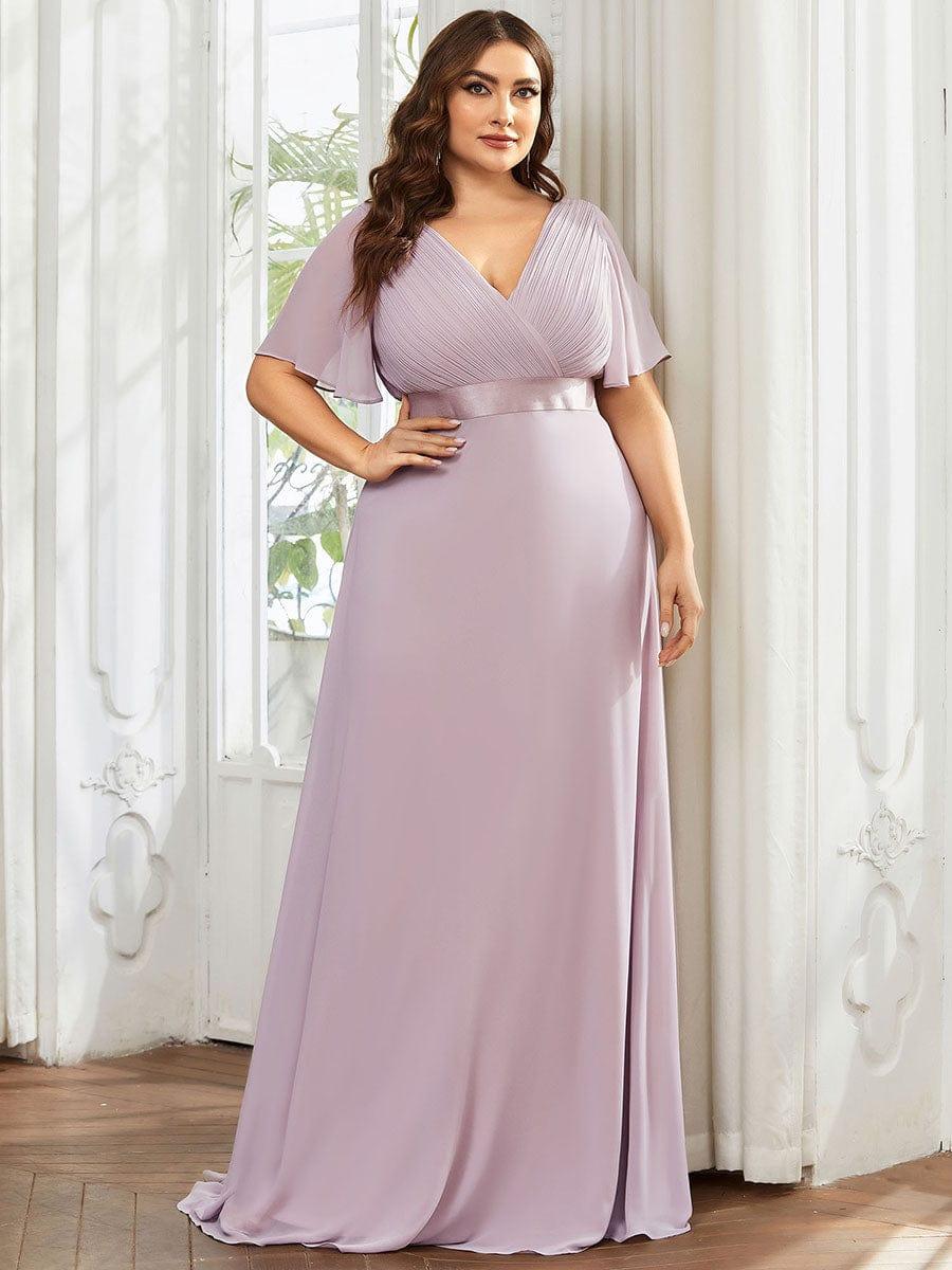 Plus Size Long Empire Waist Evening Dress With Short Flutter Sleeves #color_Lilac