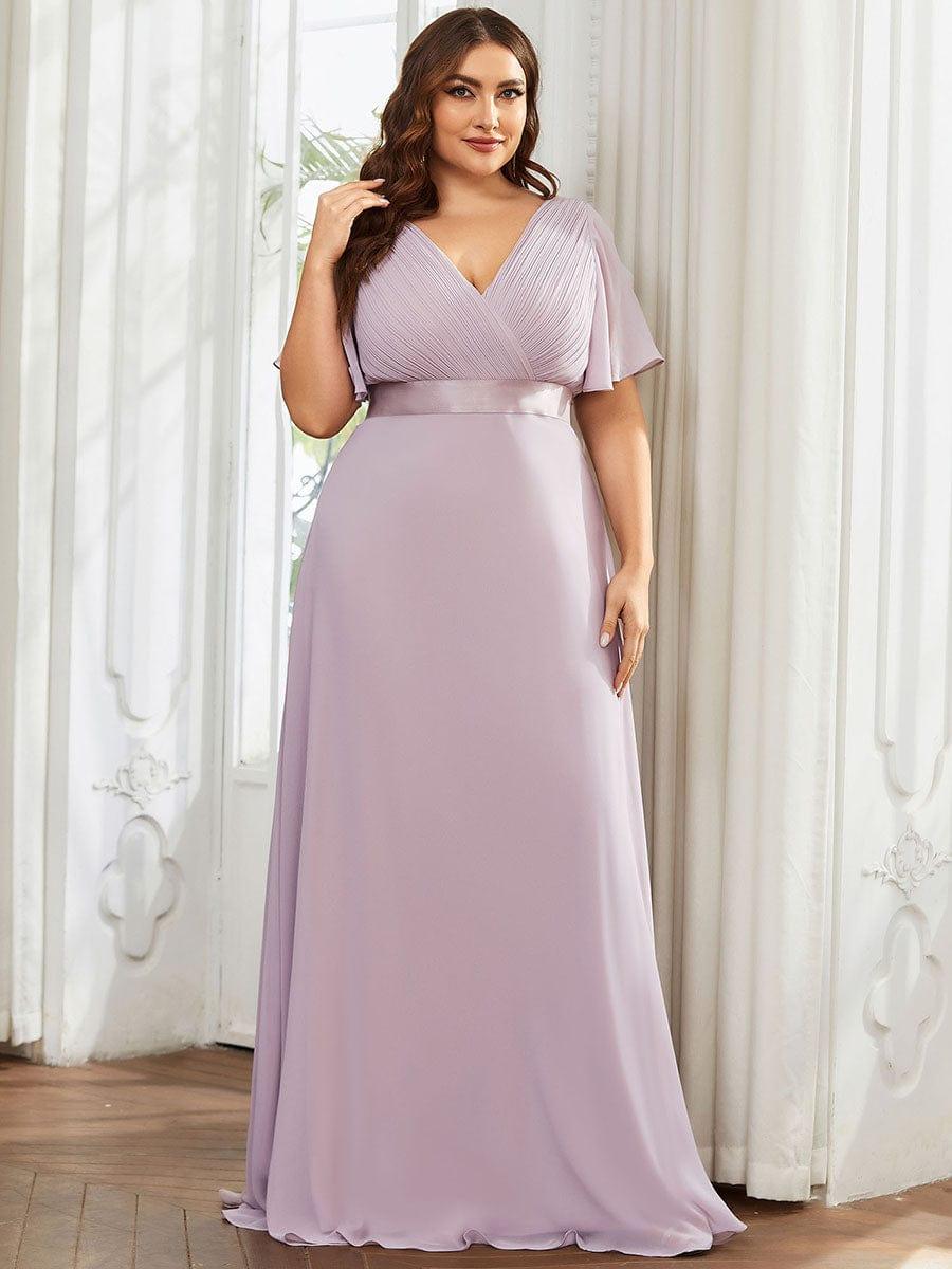 Plus Size Long Empire Waist Evening Dress With Short Flutter Sleeves #color_Lilac