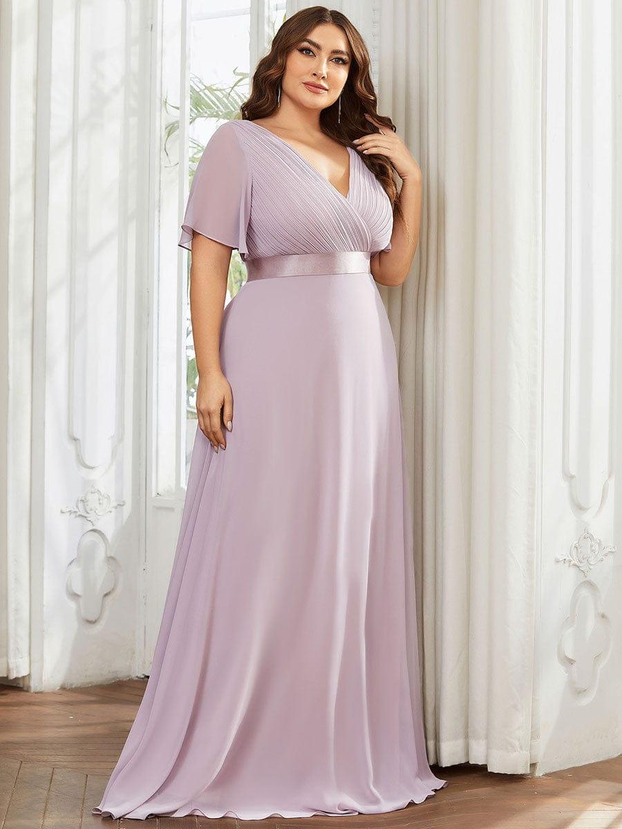 Plus Size Long Empire Waist Evening Dress With Short Flutter Sleeves #color_Lilac
