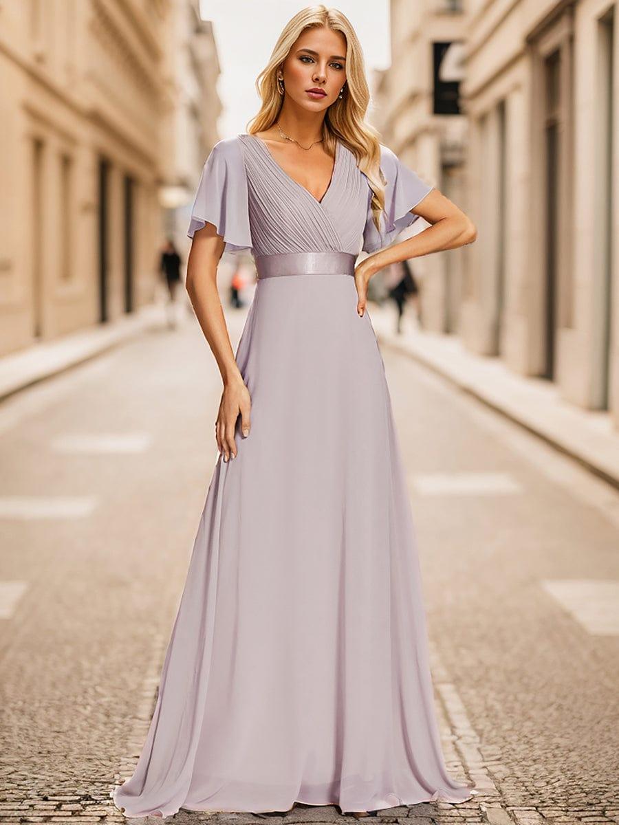 Long Chiffon Empire Waist Bridesmaid Dress with Short Flutter Sleeves #color_Lilac