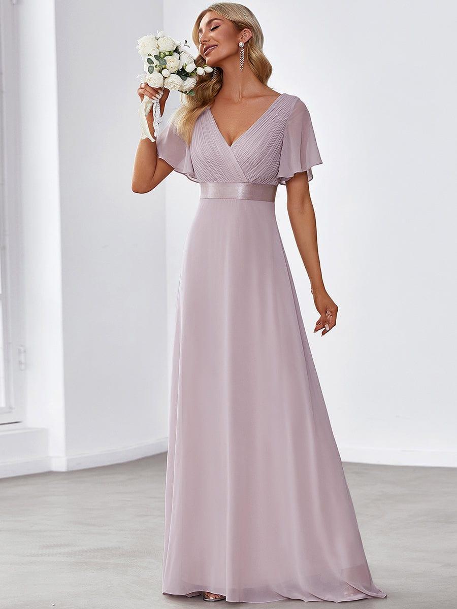 Long Chiffon Empire Waist Bridesmaid Dress with Short Flutter Sleeves #color_Lilac