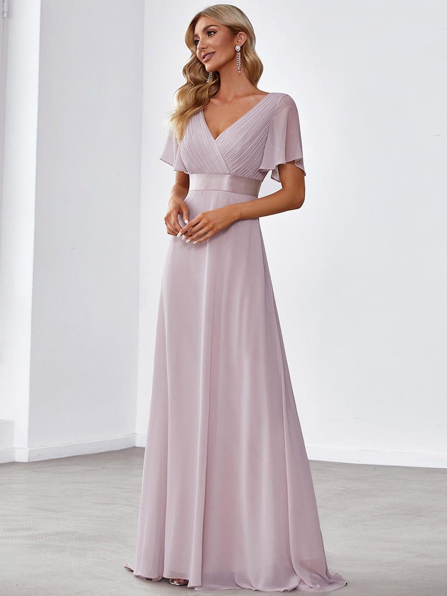 Long Chiffon Empire Waist Bridesmaid Dress with Short Flutter Sleeves #color_Lilac