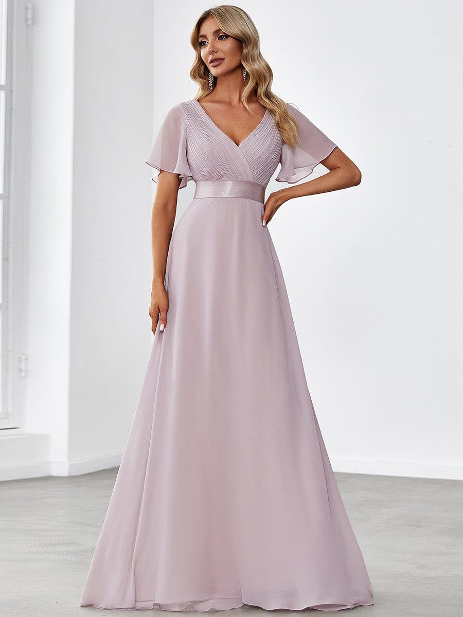 Long Chiffon Empire Waist Bridesmaid Dress with Short Flutter Sleeves #color_Lilac