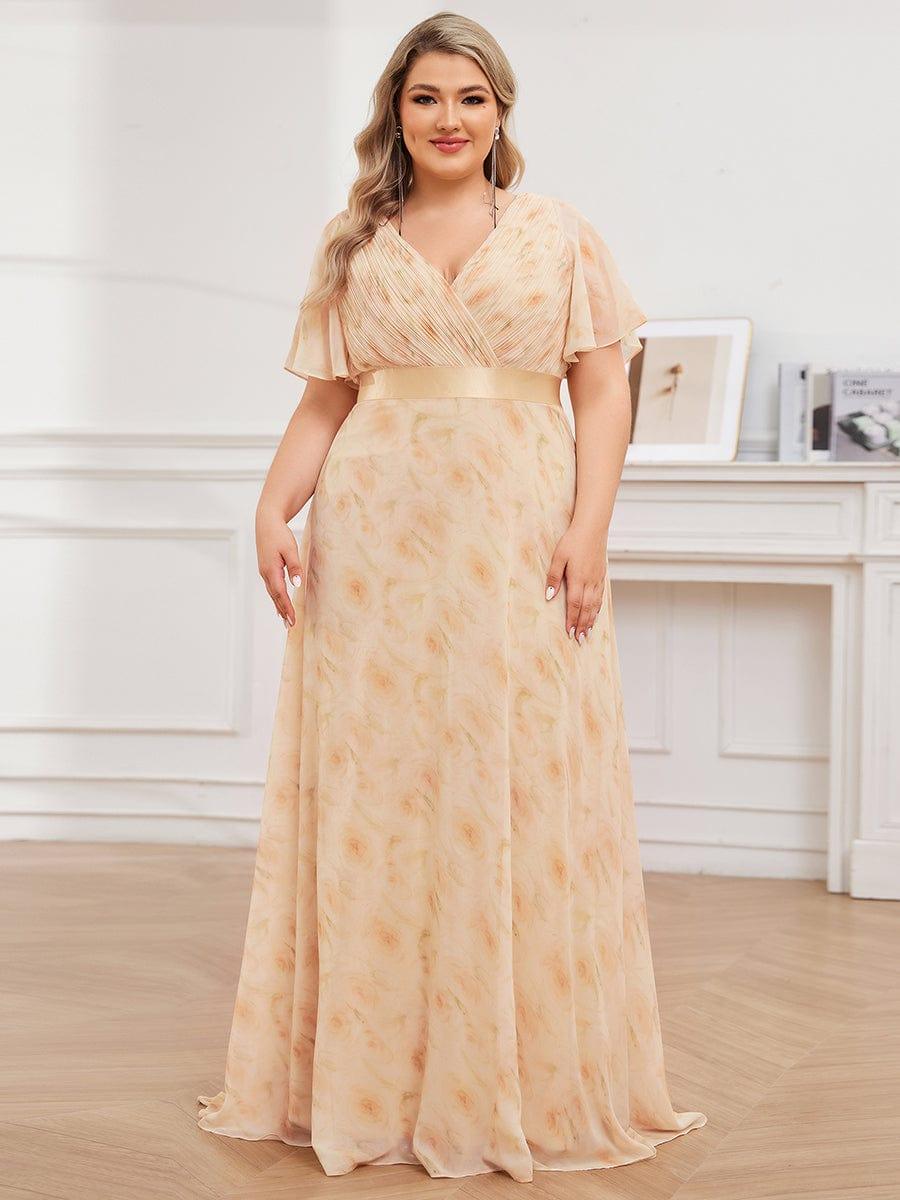 Plus Size Long Empire Waist Evening Dress With Short Flutter Sleeves #color_Golden Roses