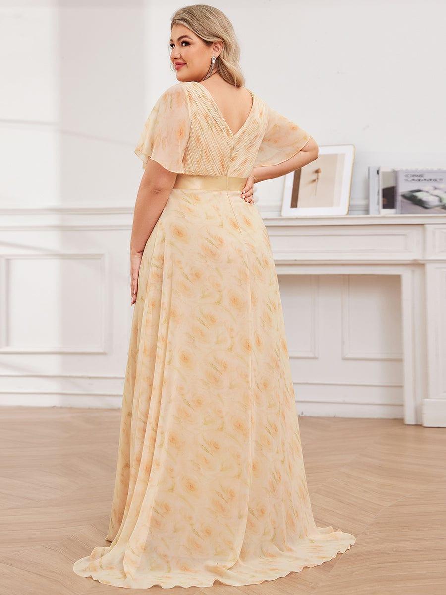 Plus Size Long Empire Waist Evening Dress With Short Flutter Sleeves #color_Golden Roses