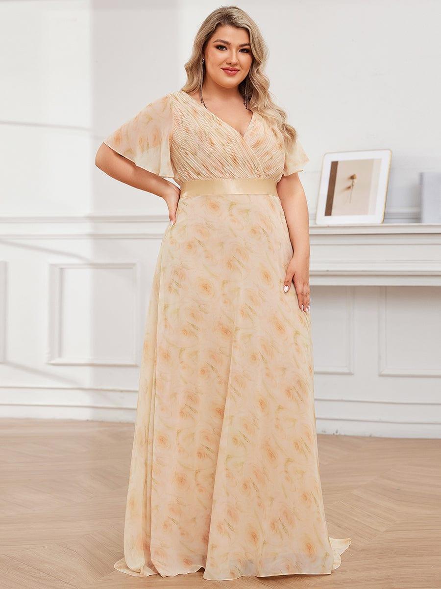 Long Empire Waist Evening Dress with Short Flutter Sleeves #color_Golden Roses