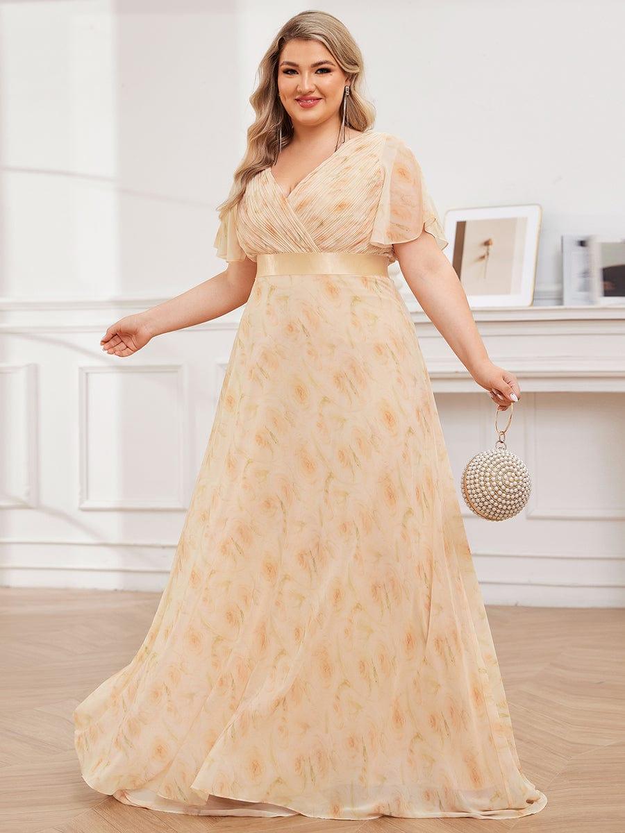 Plus Size Long Empire Waist Evening Dress With Short Flutter Sleeves #color_Golden Roses