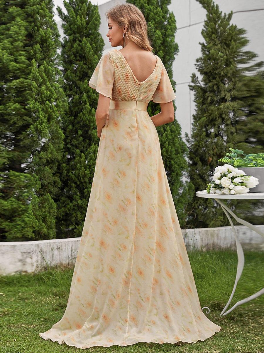 Long Empire Waist Evening Dress with Short Flutter Sleeves #color_Golden Roses