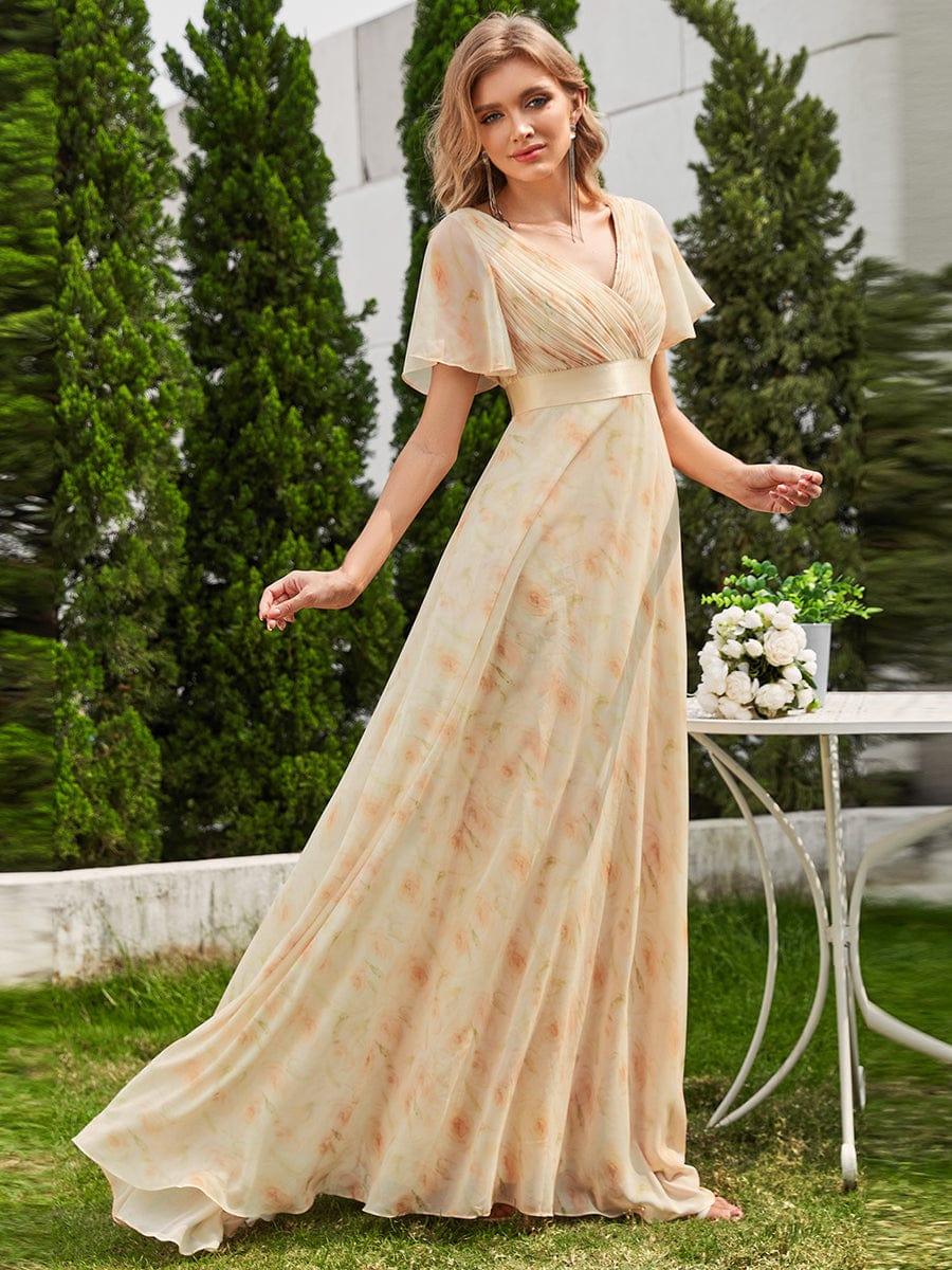 Long Chiffon Empire Waist Bridesmaid Dress with Short Flutter Sleeves #color_Golden Roses