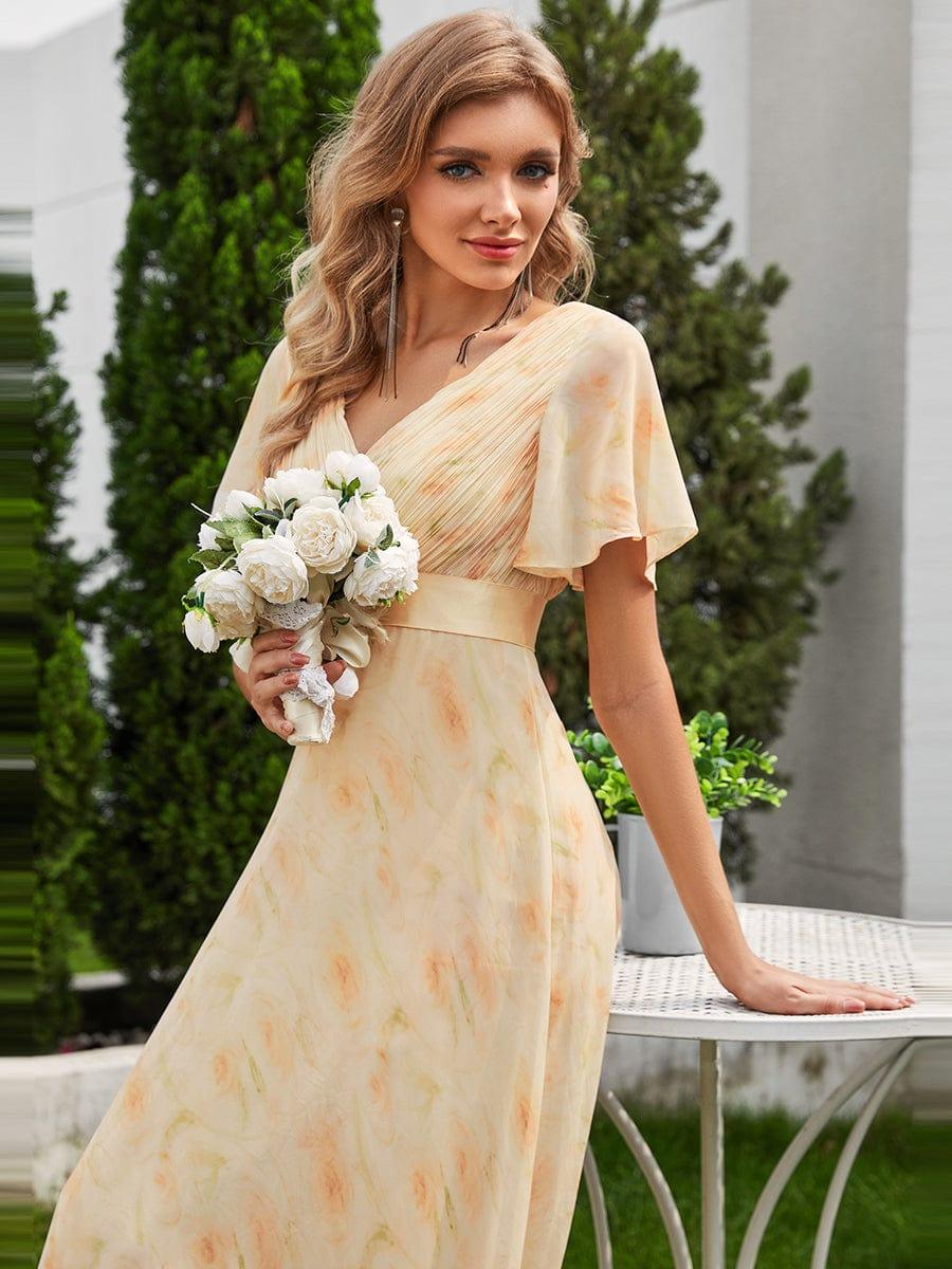 Long Chiffon Empire Waist Bridesmaid Dress with Short Flutter Sleeves #color_Golden Roses