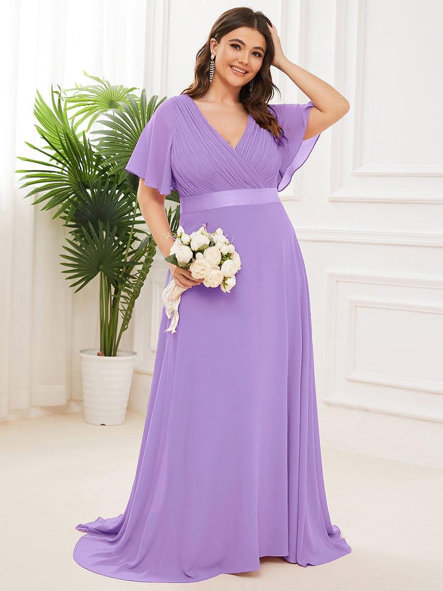 Custom Size V-neck Empire Waist Maxi Bridesmaid Dress with Short Sleeves #color_Lavender