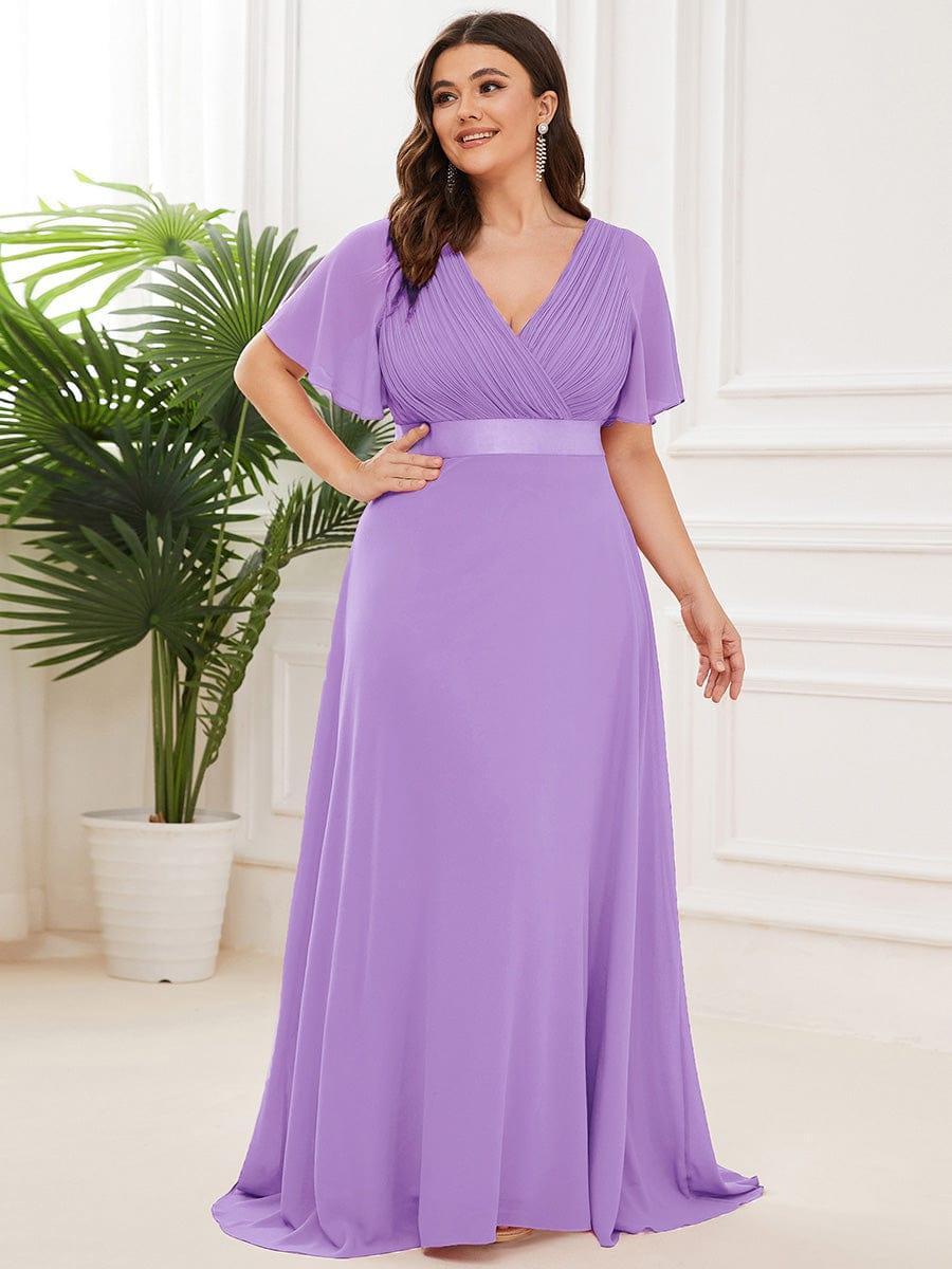 Custom Size V-neck Empire Waist Maxi Bridesmaid Dress with Short Sleeves #color_Lavender
