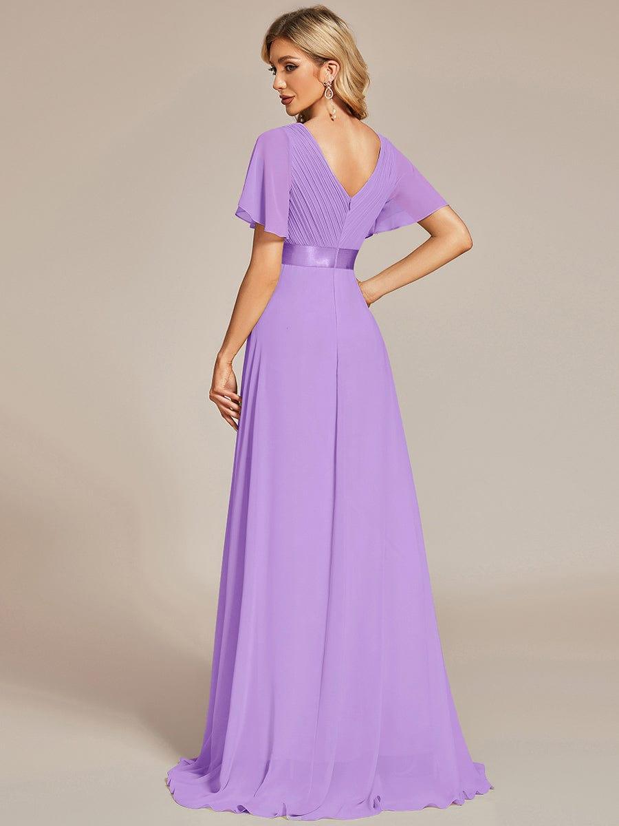 Long Chiffon Empire Waist Bridesmaid Dress with Short Flutter Sleeves #color_Lavender
