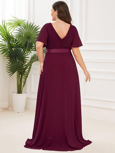 Plus Size Long Empire Waist Evening Dress With Short Flutter Sleeves #color_Mulberry