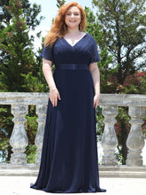 Plus Size Long Empire Waist Evening Dress With Short Flutter Sleeves #color_Navy Blue