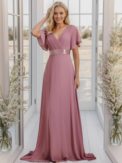 Long Empire Waist Evening Dress with Short Flutter Sleeves #color_Purple Orchid