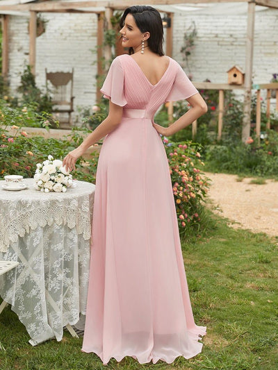 Long Chiffon Empire Waist Bridesmaid Dress with Short Flutter Sleeves #color_Pink
