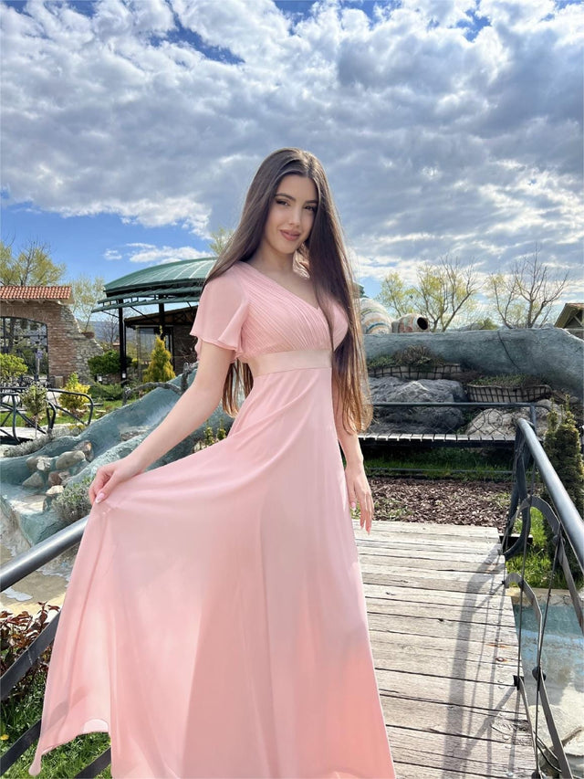 ever MONICA|Long Empire Waist Bridesmaid Dress with Short Flutter Sleeves Fan Photos 6
