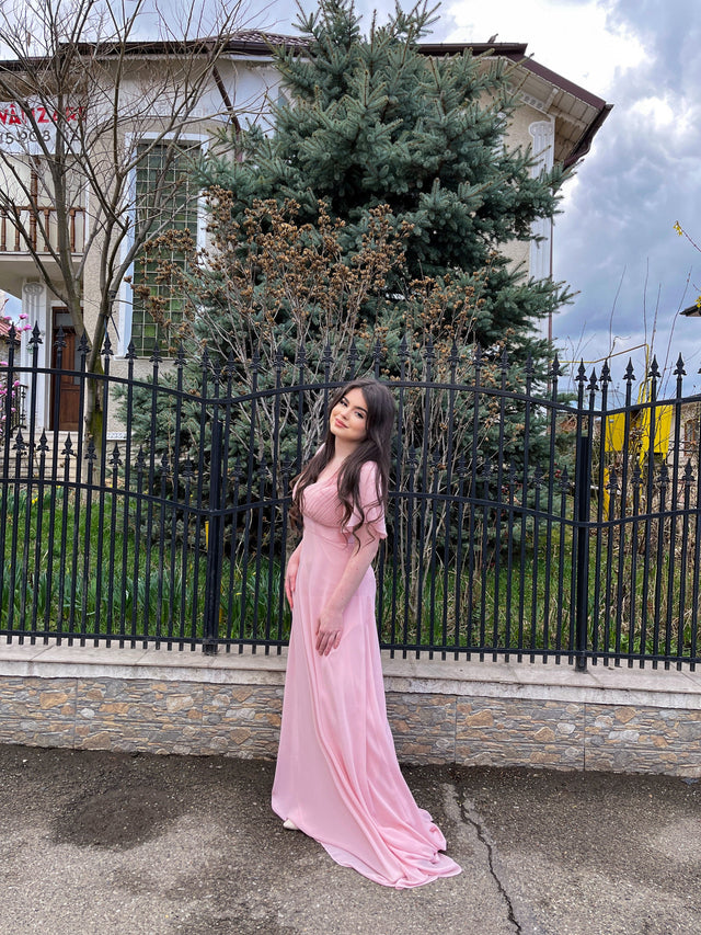pretty MONICA|Plus Size Empire Waist V Back Bridesmaid Dress with Short Sleeves Fan Photos 18
