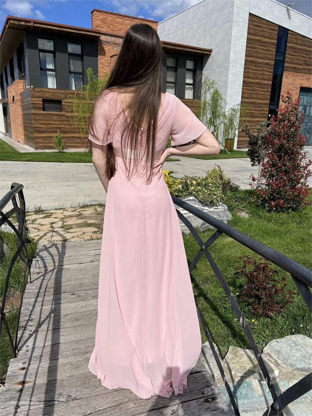 ever MONICA|Long Empire Waist Bridesmaid Dress with Short Flutter Sleeves Fan Photos 7
